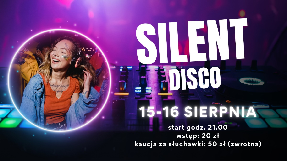 Plakat zapraszający w dniach 15-16 sierpnia 2025 r. do Olecka na Active Festival - Silent Disco Olecko 2025. 