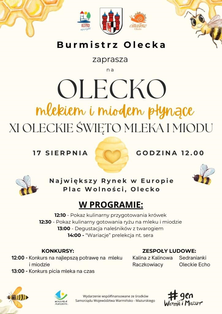 Plakat zapraszający w niedzielę 17 sierpnia 2025 r. do Olecka na cykliczną imprezę Oleckiego Święta Mleka i Miodu Olecko 2025.