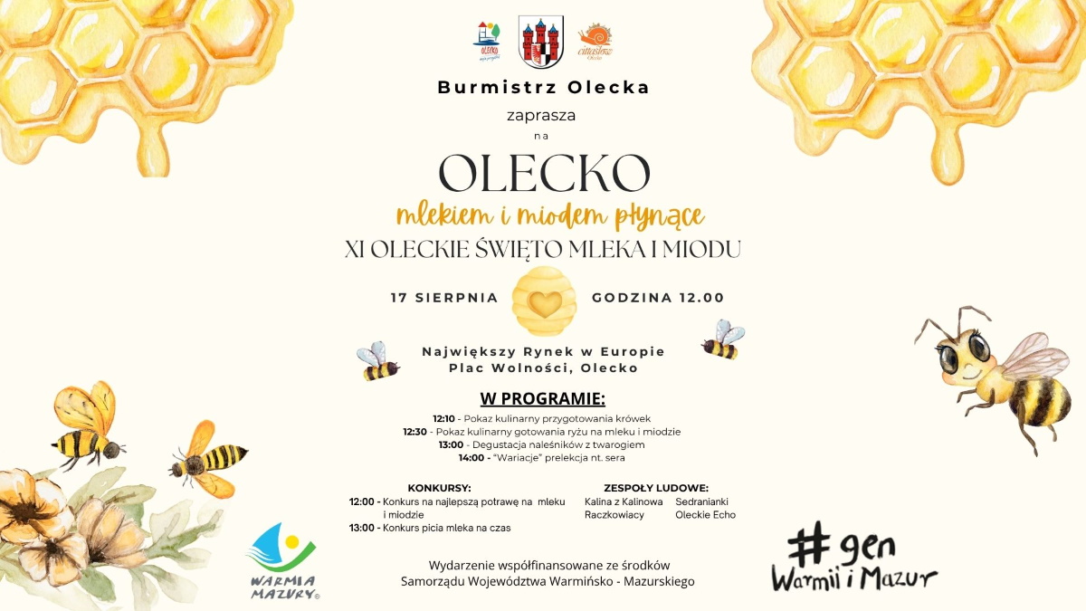 Plakat zapraszający w niedzielę 17 sierpnia 2025 r. do Olecka na cykliczną imprezę Oleckiego Święta Mleka i Miodu Olecko 2025.