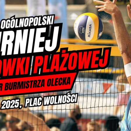Plakat zapraszający w dniach 2-3 sierpnia 2025 r. do Olecka na 18. edycję Ogólnopolskiego Turnieju Siatkówki Plażowej Olecko 2025.