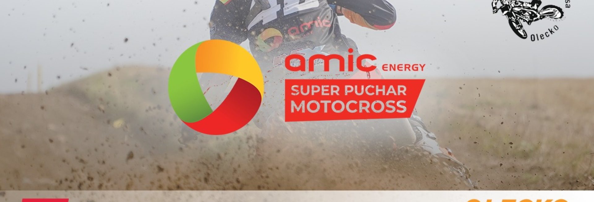 Plakat zapraszający w dniach 27-28 września 2025 r. do Olecka na V Rundę AMIC Energy Super Puchar Motocross Olecko 2025.