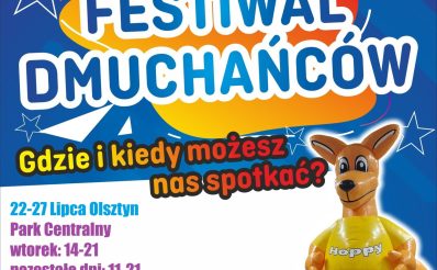 Plakat zapraszający w dniach 22-27 lipca 2025 r. do Olsztyna na gigantyczną strefę dmuchańców - Wakacyjna Strefa Dziecka Olsztyn 2025.