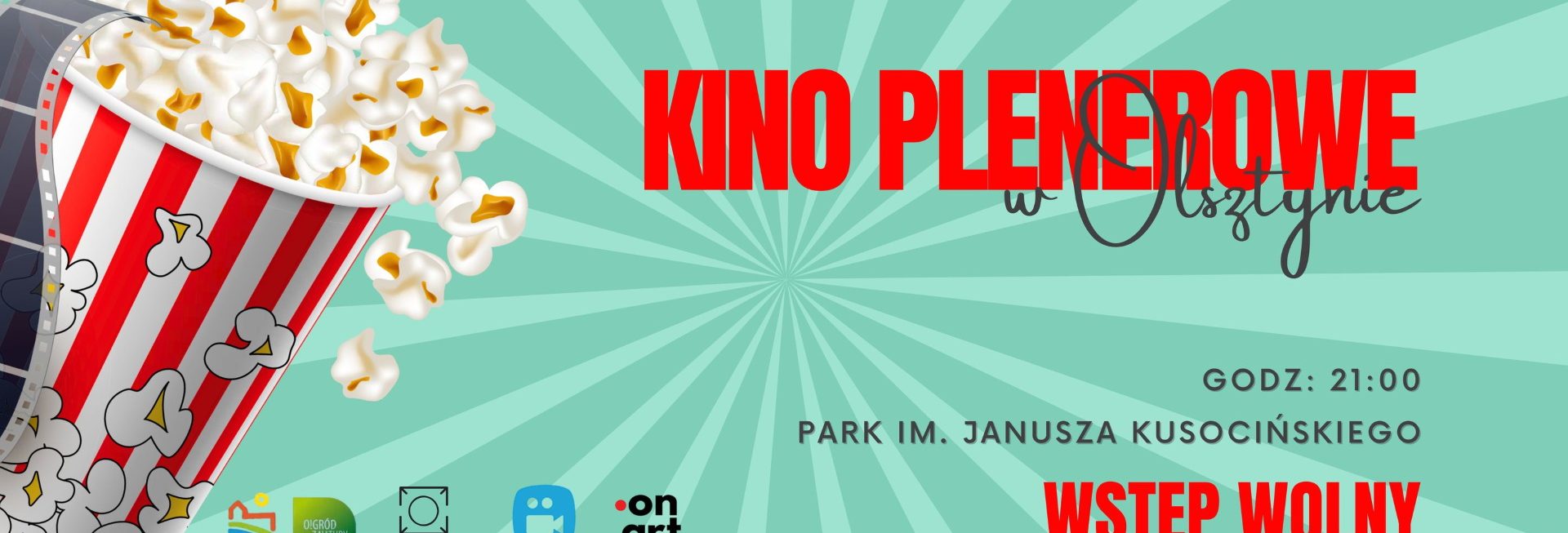 Plakat zapraszający do Olsztyna na kino plenerowe w Olsztynie 2025.