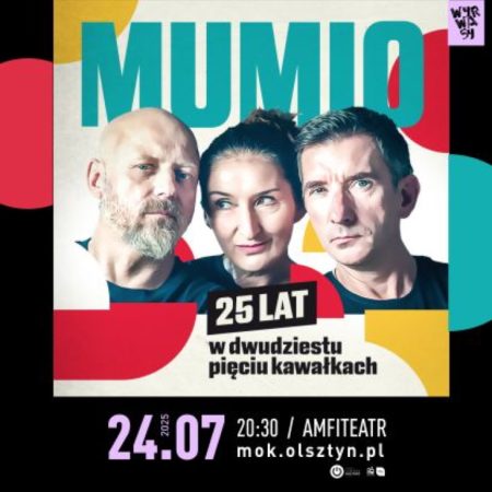 Plakat zapraszający w czwartek 24 lipca 2025 r. do Olsztyna na występ Kabaretu Mumio Olsztyn 2025.