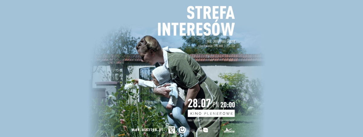Plakat zapraszający w poniedziałek 28 lipca 2025 r. do Olsztyna na Kino Plenerowe w Parku Podzamcze - Film „Strefa interesów” Olsztyn 2025. 