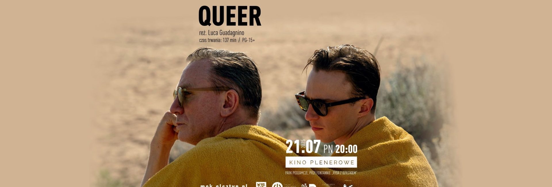 Plakat zapraszający w poniedziałek 21 lipca 2025 r. do Olsztyna na Kino Plenerowe w Parku Podzamcze „Queer” Olsztyn 2025.