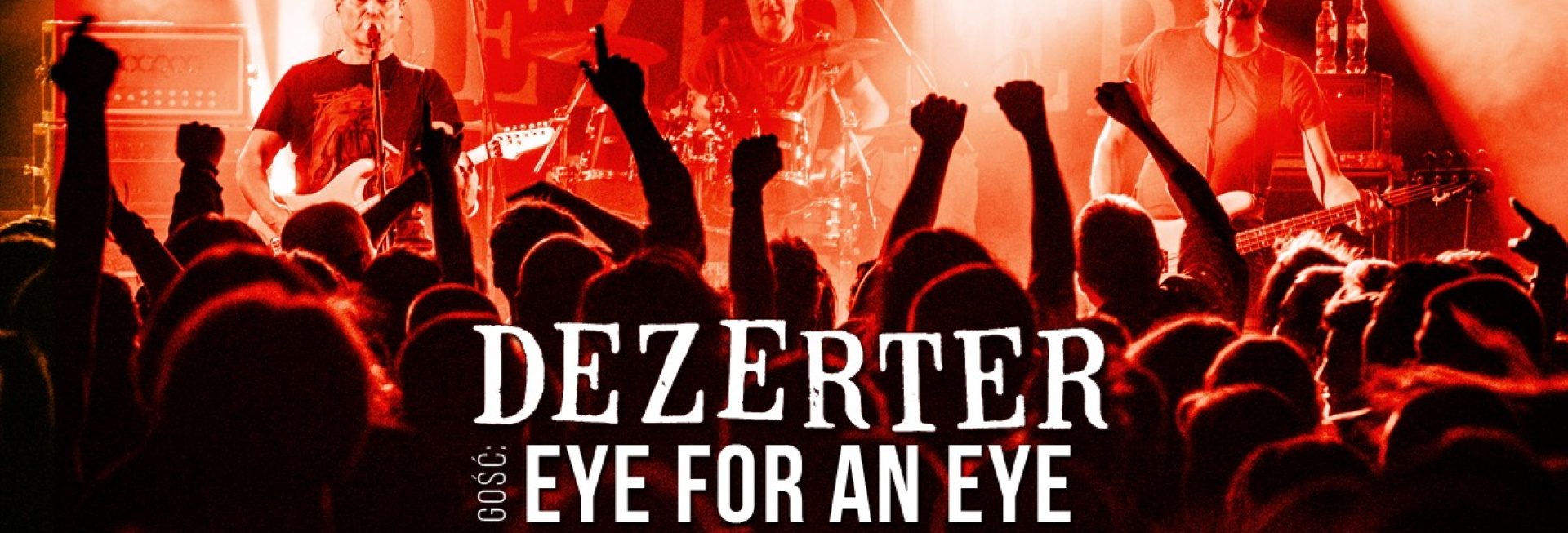 Plakat zapraszający w piątek 7 listopada 2025 r. do Olsztyna na koncert zespołu Dezerter + Eye For An Eye Olsztyn 2025. 