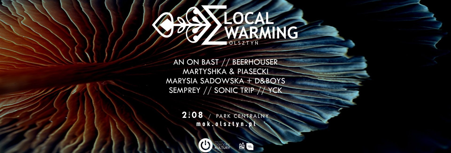 Plakat zapraszający w sobotę 2 sierpnia 2025 r. do Olsztyna na koncert Local Warming Olsztyn 2025. 