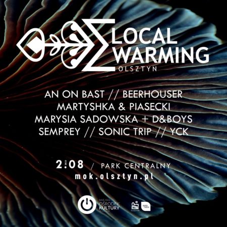 Plakat zapraszający w sobotę 2 sierpnia 2025 r. do Olsztyna na koncert Local Warming Olsztyn 2025. 