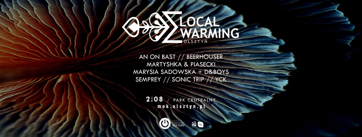 Plakat zapraszający w sobotę 2 sierpnia 2025 r. do Olsztyna na koncert Local Warming Olsztyn 2025. 