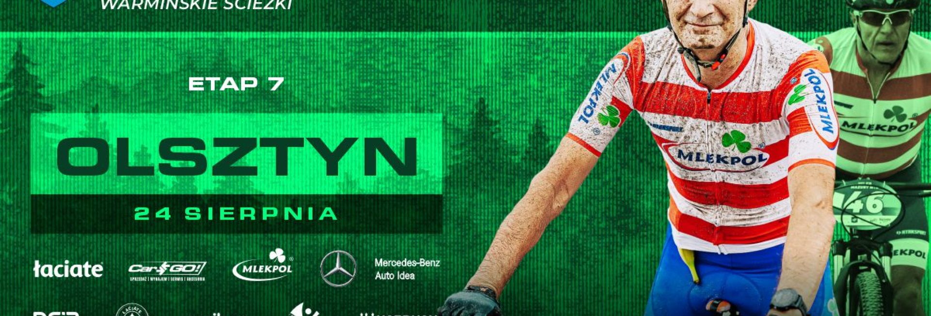 Plakat zapraszający w niedzielę 24 sierpnia 2025 r. do Olsztyna na zawody Łaciate Mazury MTB “Warmińskie Ścieżki” Olsztyn 2025.