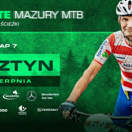 Plakat zapraszający w niedzielę 24 sierpnia 2025 r. do Olsztyna na zawody Łaciate Mazury MTB “Warmińskie Ścieżki” Olsztyn 2025.