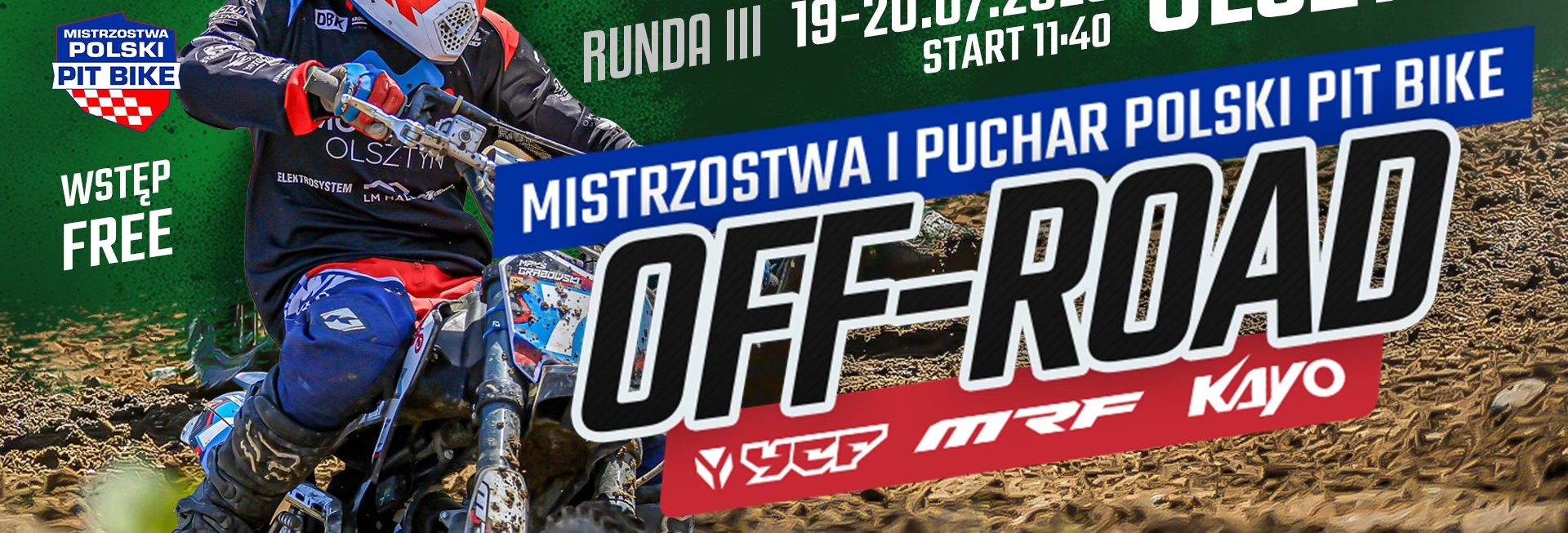 Plakat zapraszający w dniach 19-20 lipca 2025 r. do Olsztyna na wyścig Mistrzostwa Polski PIT BIKE OFF-ROAD Olsztyn 2025. 