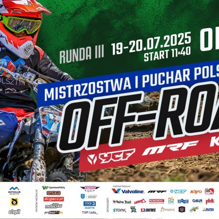 Plakat zapraszający w dniach 19-20 lipca 2025 r. do Olsztyna na wyścig Mistrzostwa Polski PIT BIKE OFF-ROAD Olsztyn 2025. 