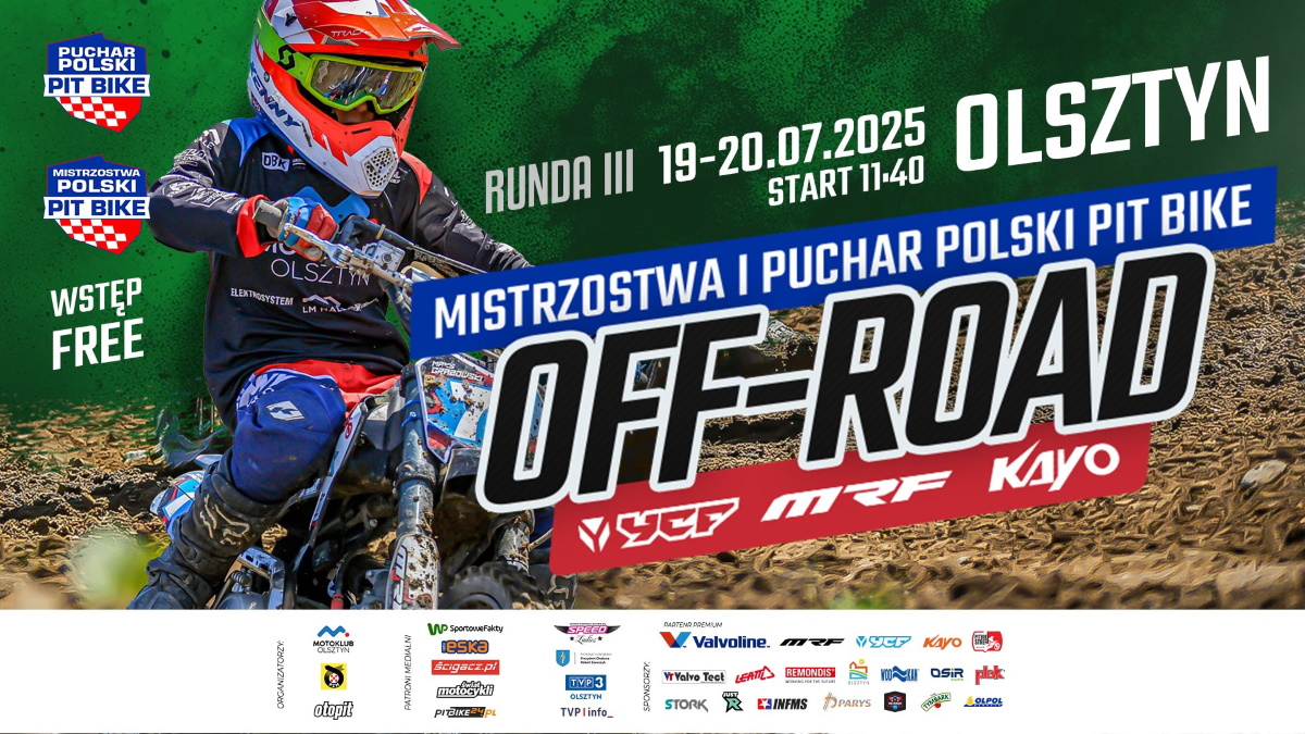 Plakat zapraszający w dniach 19-20 lipca 2025 r. do Olsztyna na wyścig Mistrzostwa Polski PIT BIKE OFF-ROAD Olsztyn 2025. 