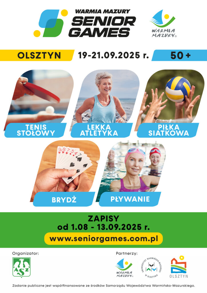 Plakat zapraszający w dniach 19-21 września 2025 r. do Olsztyna na Warmia Mazury Senior Games Olsztyn 2025. 