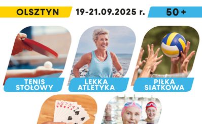 Plakat zapraszający w dniach 19-21 września 2025 r. do Olsztyna na Warmia Mazury Senior Games Olsztyn 2025. 