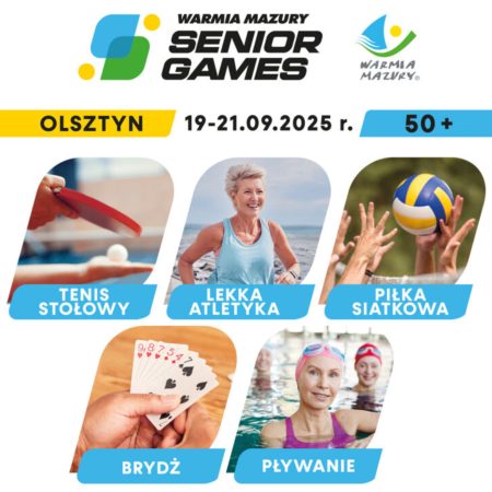 Plakat zapraszający w dniach 19-21 września 2025 r. do Olsztyna na Warmia Mazury Senior Games Olsztyn 2025.