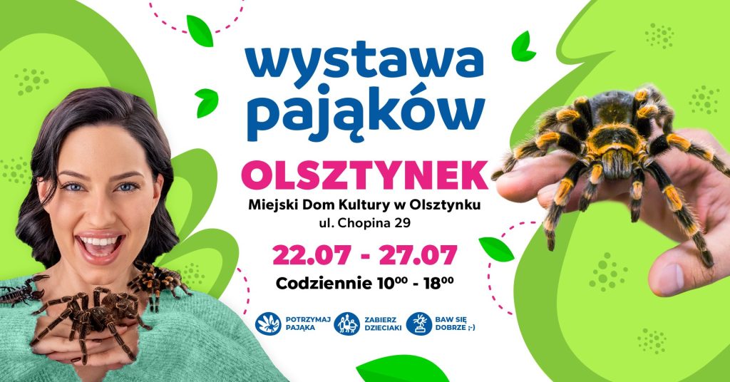 Plakat zapraszający w dniach 22-27 lipca 2025 r. do Olsztynka na Wystawę Pająków Olsztynek 2025. 