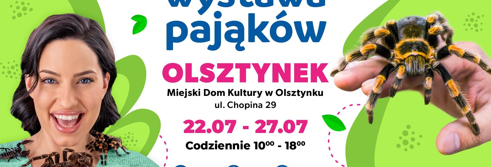 Plakat zapraszający w dniach 22-27 lipca 2025 r. do Olsztynka na Wystawę Pająków Olsztynek 2025.