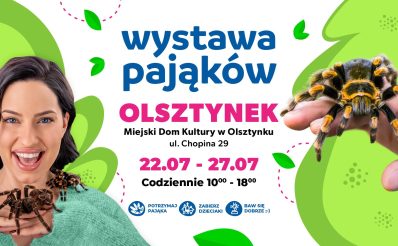 Plakat zapraszający w dniach 22-27 lipca 2025 r. do Olsztynka na Wystawę Pająków Olsztynek 2025.