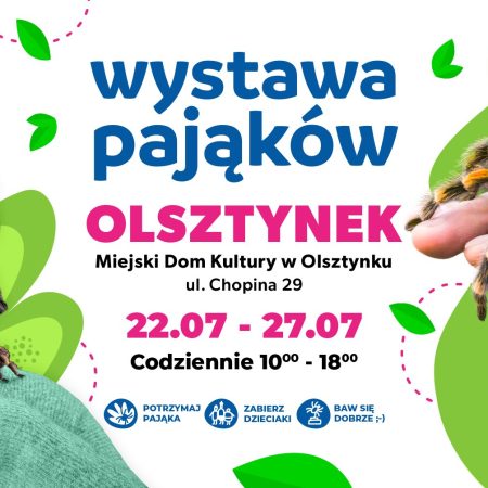 Plakat zapraszający w dniach 22-27 lipca 2025 r. do Olsztynka na Wystawę Pająków Olsztynek 2025.