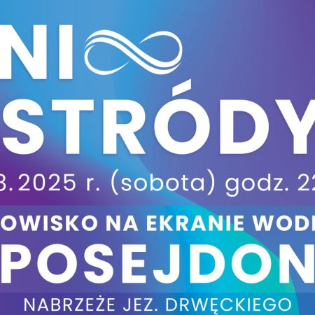 Plakat zapraszający w sobotę 2 sierpnia 2025 r. do Ostródy na Dni Ostródy 2025 - Widowisko na Ekranie Wodnym Posejdon Ostróda 2025.