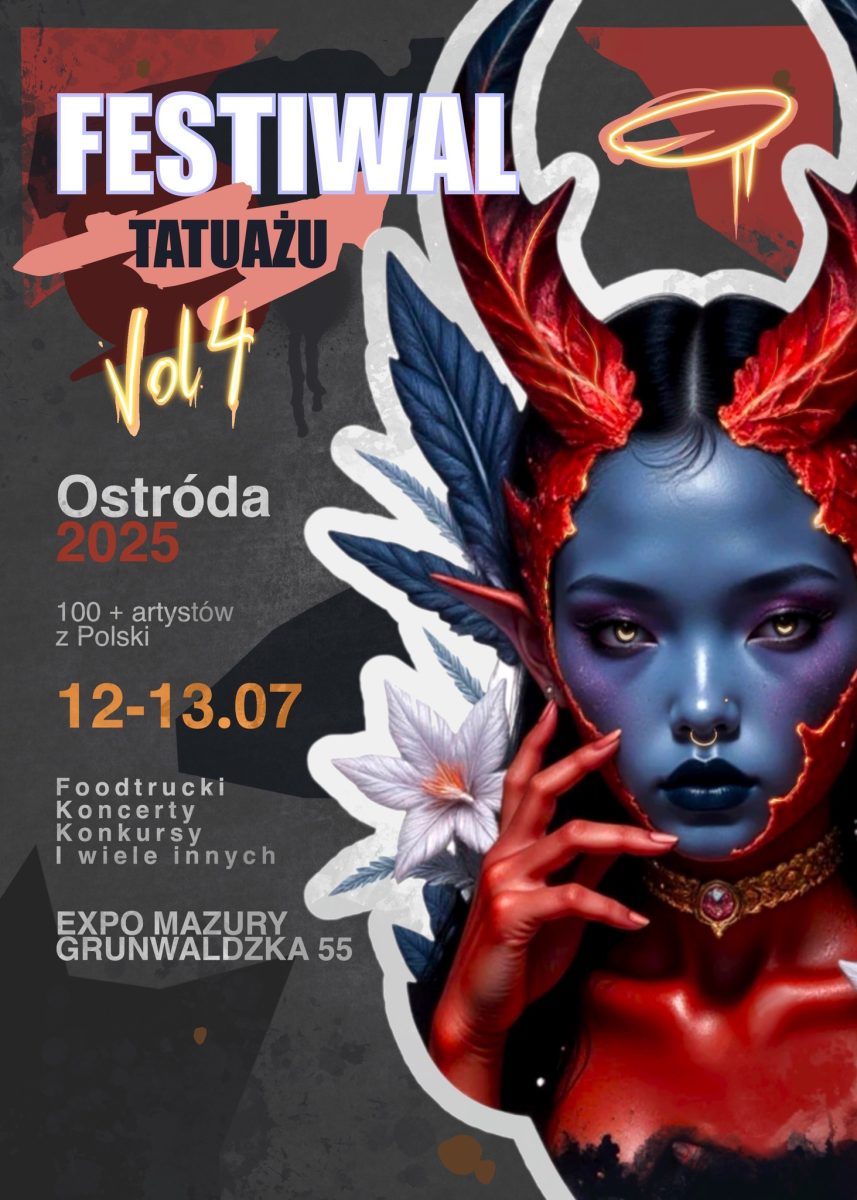Plakat zapraszający w dniach 12-13 lipca 2025 r. do Ostródy na kolejną edycję Festiwalu Tatuażu Ostróda 2025.