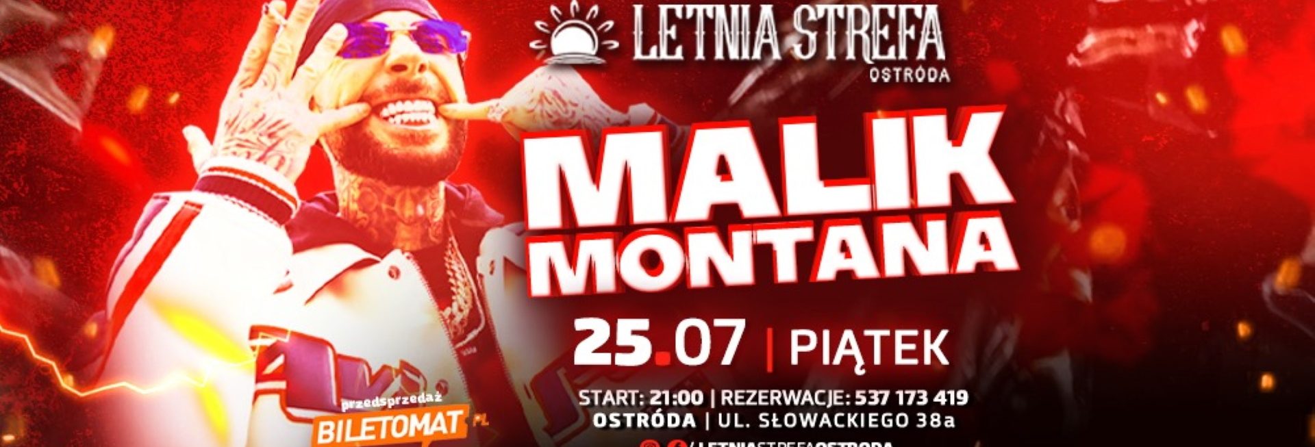 Plakat zapraszający w piątek 25 lipca 2025 r. do Ostródy na koncert Malik Montana Ostróda 2025.