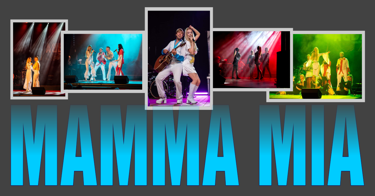 Plakat zapraszający w niedzielę 6 lipca 2025 r. do Ostródy na koncert - Muzyczne Show "Mamma Mia" Ostróda 2025. 