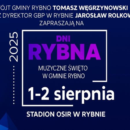 Plakat zapraszający w dniach 1-3 sierpnia 2025 r. do Rybna w powiecie działdowskim na cykliczną imprezę Dni Rybna 2025.