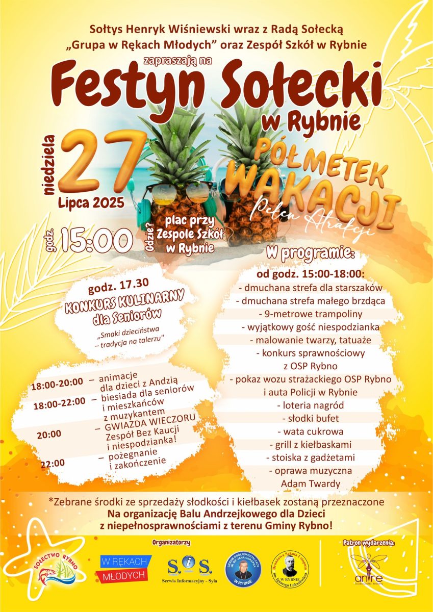 Plakat zapraszający w niedzielę 27 lipca 2025 r. do Rybna w powiecie działdowskim na Festyn Rodzinny – Półmetek Wakacji Rybno 2025.