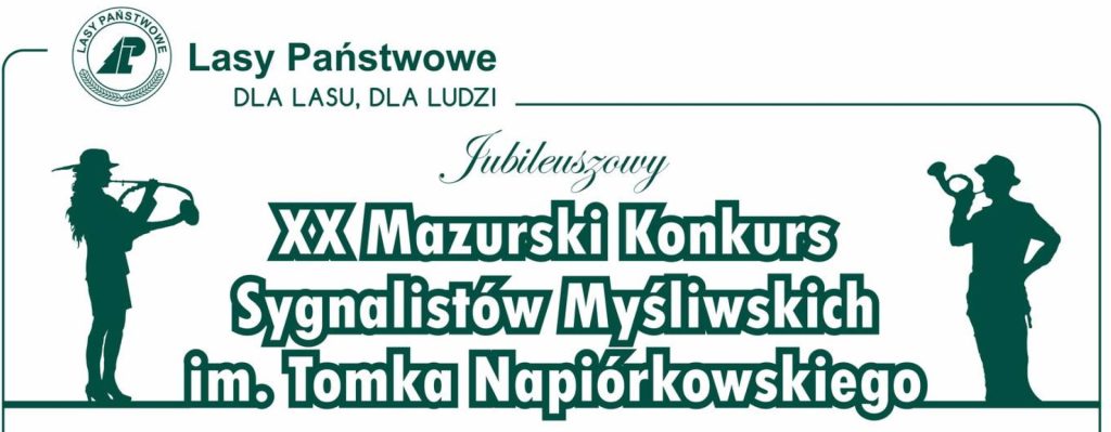 Plakat zapraszający w dniach 8-9 sierpnia 2025 r. do Spychowa na jubileuszową 20. edycję Mazurskiego Konkursu Sygnalistów Myśliwskich Spychowo 2025. 