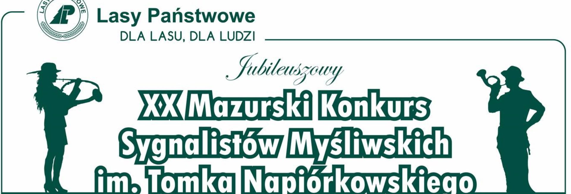 Plakat zapraszający w dniach 8-9 sierpnia 2025 r. do Spychowa na jubileuszową 20. edycję Mazurskiego Konkursu Sygnalistów Myśliwskich Spychowo 2025.