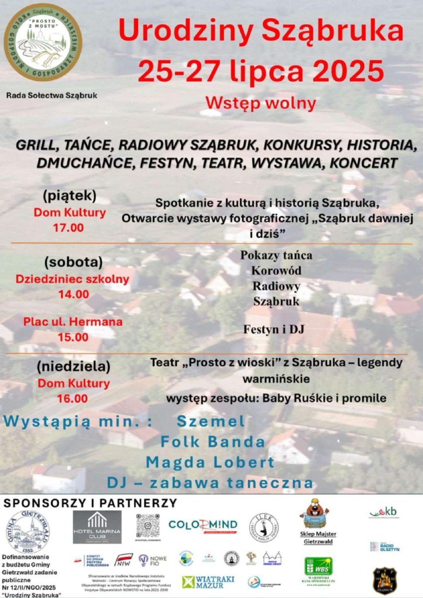 Plakat zapraszający w dniach 25-27 lipca 2025 r. do Sząbruka na Urodziny Sząbruka 2025. 