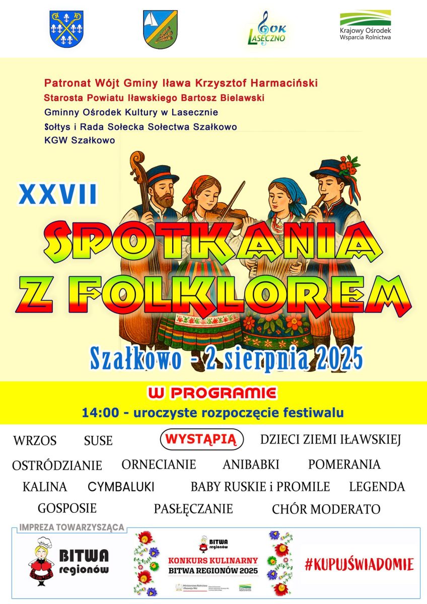 Plakat zapraszający w sobotę 2 sierpnia 2025 r. na 27. edycję Spotkań z Folklorem Szałkowo 2025. 