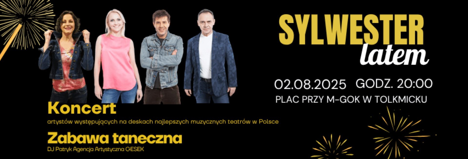 Plakat zapraszający w sobotę 2 sierpnia 2025 r. do Tolkmicka na imprezę Sylwester Latem Tolkmicko 2025.