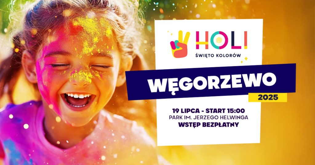 Plakat zapraszający w sobotę 19 lipca 2025 r. do Węgorzewa na Holi Święto Kolorów Węgorzewo 2025.