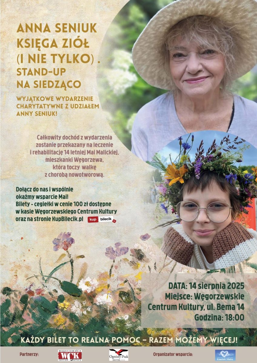 Plakat zapraszający w czwartek 14 sierpnia 2025 r. do Węgorzewa na Stand-Up Na Siedząco Anna Seniuk - Księga Ziół Węgorzewo 2025.