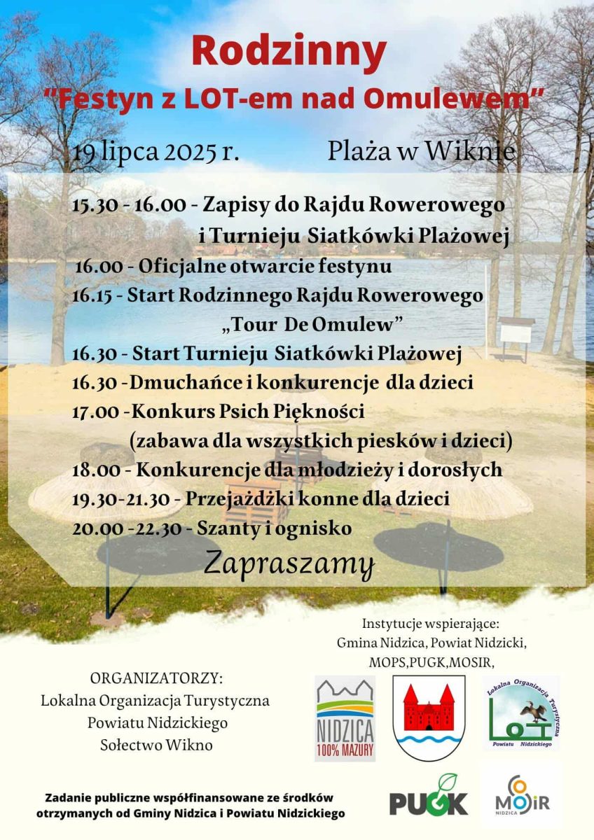 Plakat zapraszający w sobotę 19 lipca 2025 r. do miejscowości Wikno w gminie Nidzica na rodzinny "Festyn z LOT-em nad Omulewem" Plaża Wikno 2025. 