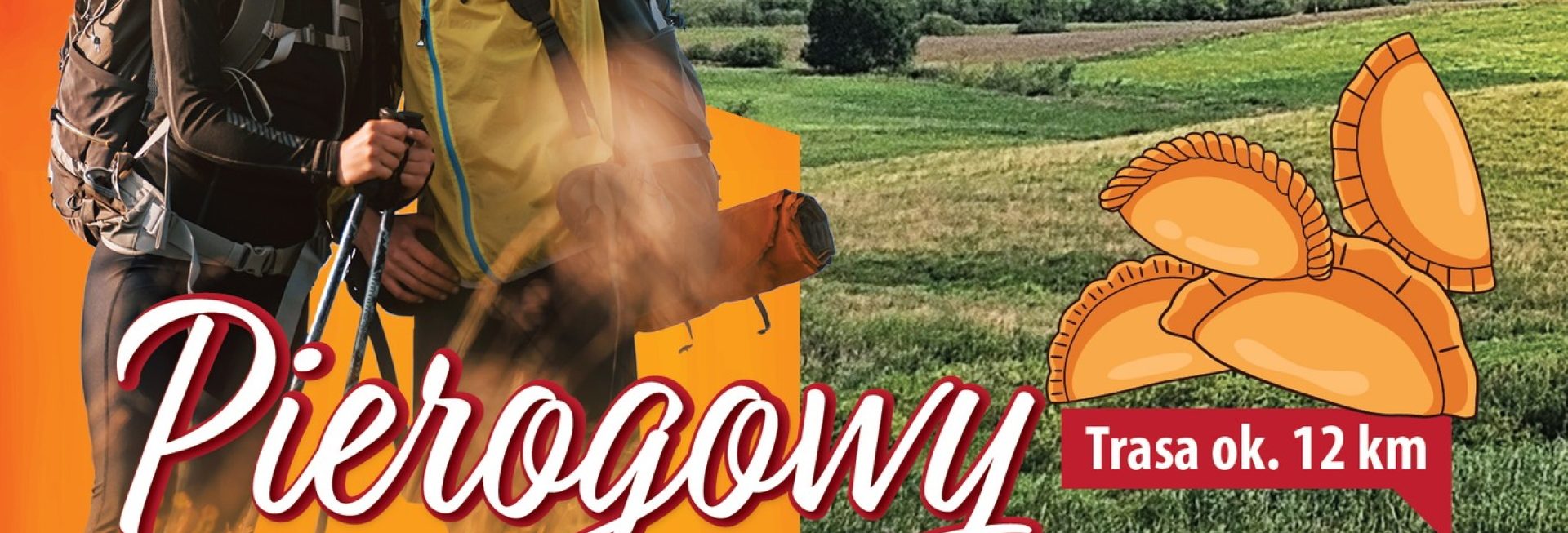 Plakat zapraszający w sobotę 16 sierpnia 2025 r. do Biskupca na Pierogowy Rajd Pieszy Biskupiec 2025.
