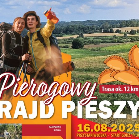 Plakat zapraszający w sobotę 16 sierpnia 2025 r. do Biskupca na Pierogowy Rajd Pieszy Biskupiec 2025.