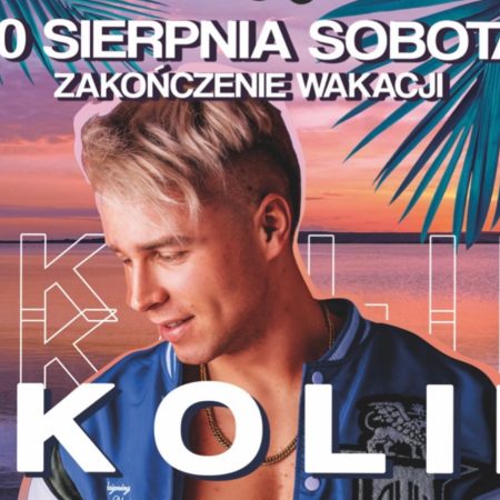 Plakat zapraszający w sobotę 30 sierpnia 2025 r. do miejscowości Dąbrówno w powiecie Ostródzkim na koncert Skolim - Zakończenie Wakacji Dąbrówno 2025.