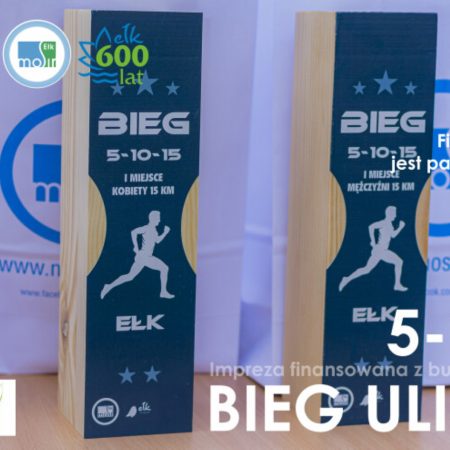 Plakat zapraszający w niedzielę 31 sierpnia 2025 r. do Ełku na cykliczną imprezę sportową Bieg Uliczny 5-10-15 Ełk 2025.