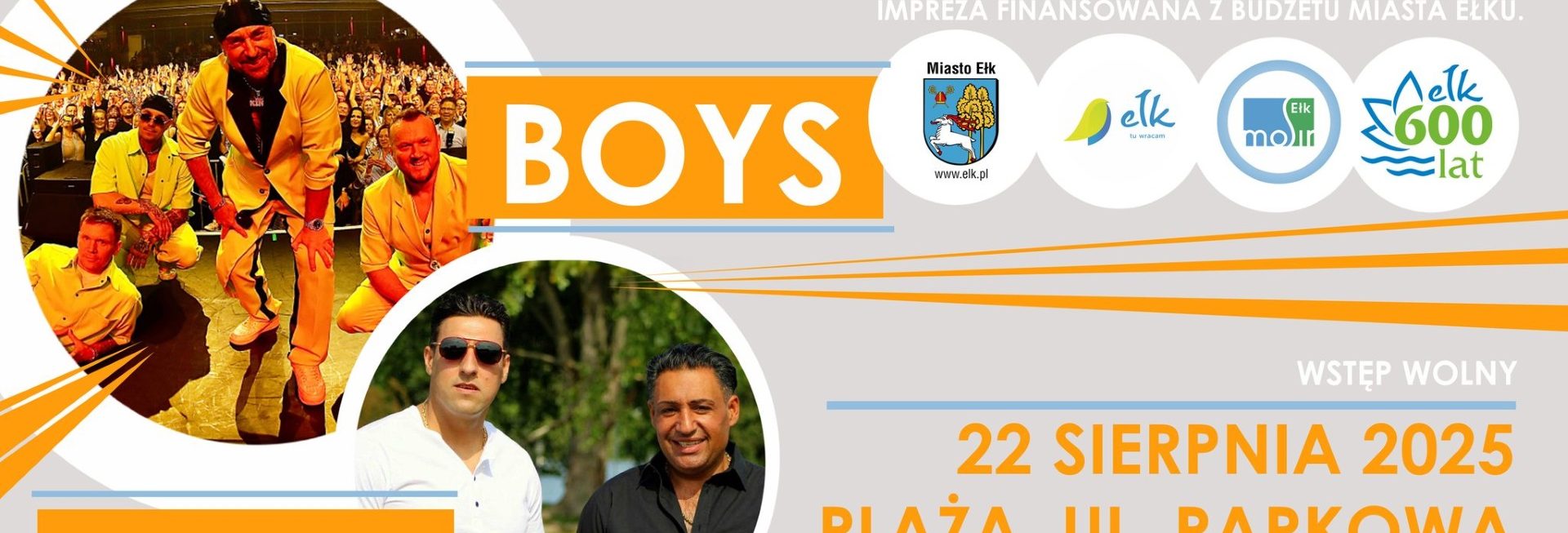 Plakat zapraszający w piątek 22 sierpnia 2025 r. do Ełku na Mazurskie Lato Muzyczne - koncert zespołów Boys & Naziro Ełk 2025.