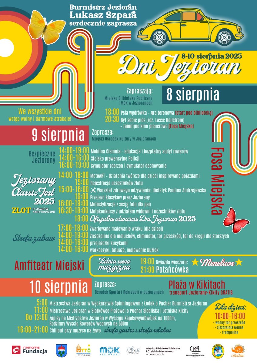Plakat zapraszający w dniach 8-10 sierpnia 2025 r. do Jezioran na coroczną imprezę urodzin miasta Dni Jezioran 2025.