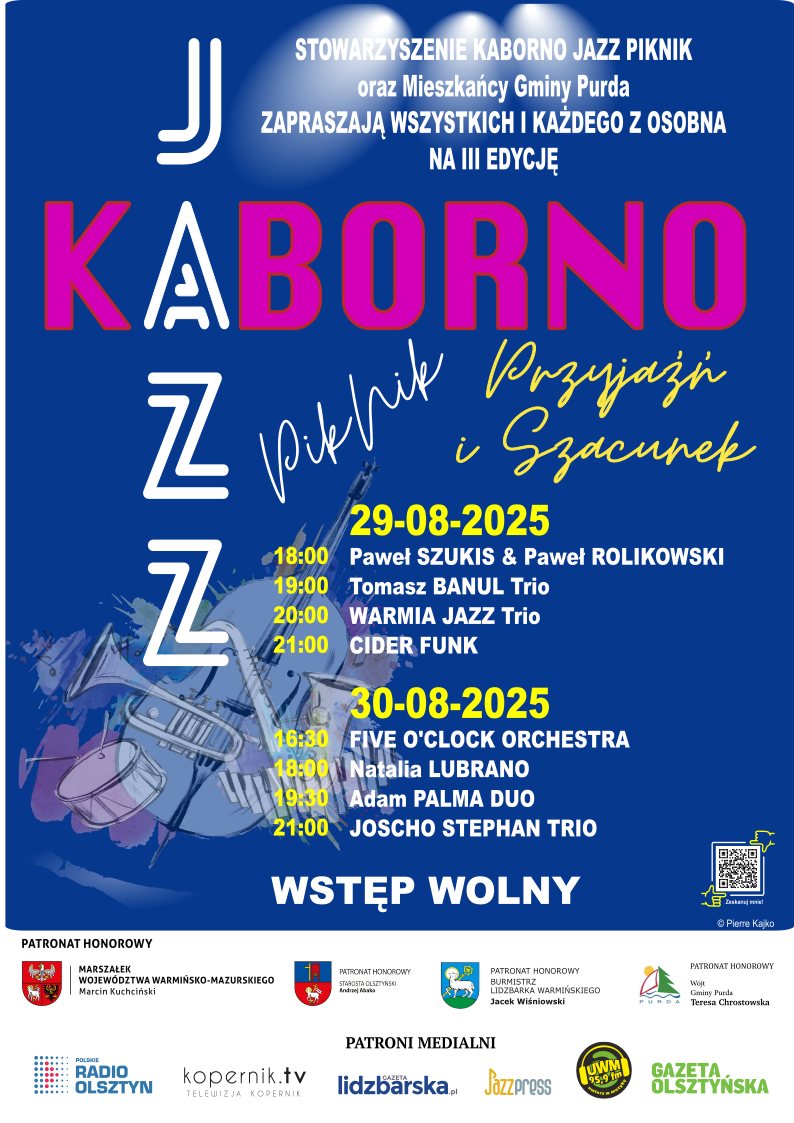Plakat zapraszający w dniach 29-30 sierpnia 2025 r. do miejscowości Kaborno w gminie Purda na Jazz Kaborno 2025.   