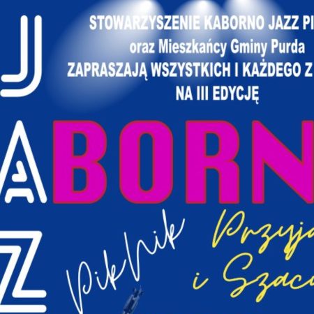 Plakat zapraszający w dniach 29-30 sierpnia 2025 r. do miejscowości Kaborno w gminie Purda na Jazz Kaborno 2025.   