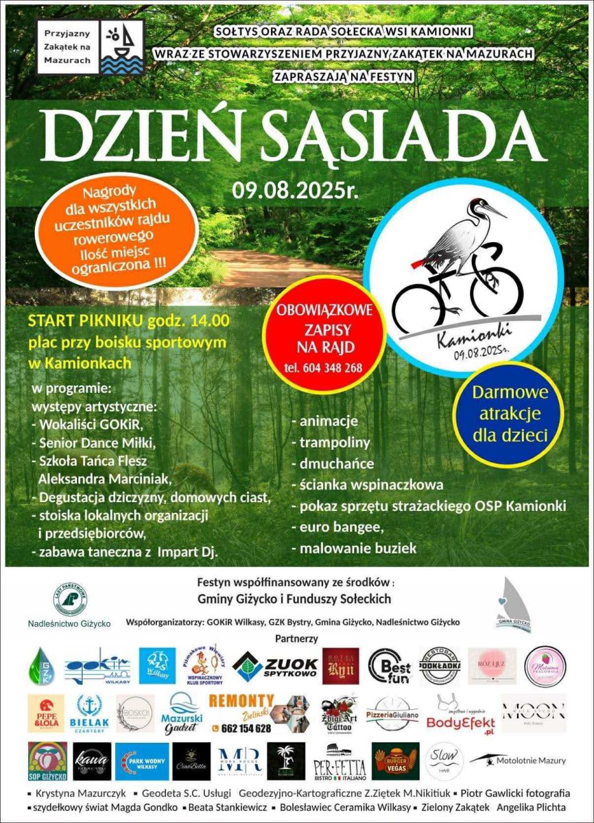 Plakat zapraszający w sobotę 9 sierpnia 2025 r. do miejscowości Kamionki k. Giżycka na kolejną edycję wakacyjnej imprezy Dzień Sąsiada – piknik rekreacyjny i rajd rowerowy Kamionki k. Giżycka 2025.