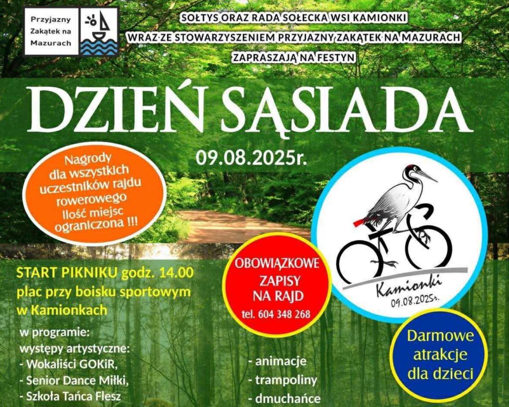 Plakat zapraszający w sobotę 9 sierpnia 2025 r. do miejscowości Kamionki k. Giżycka na kolejną edycję wakacyjnej imprezy Dzień Sąsiada – piknik rekreacyjny i rajd rowerowy Kamionki k. Giżycka 2025.
